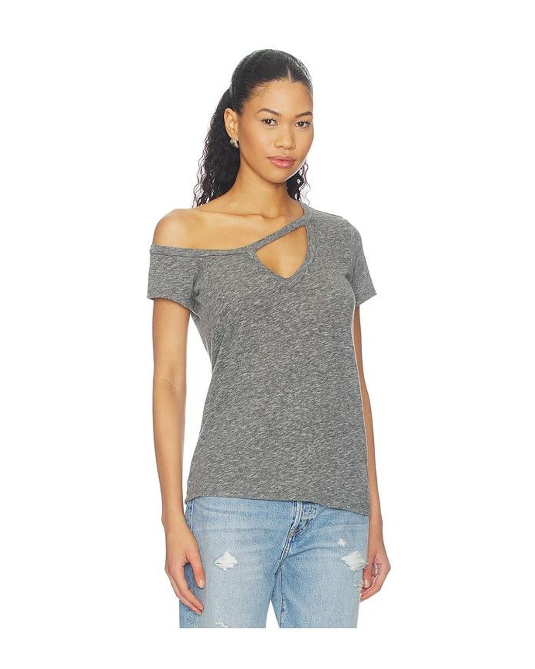 Michael Lauren Blue Zire Aysmmetrical Cold Shoulder V-Neck Keyhole Tee
