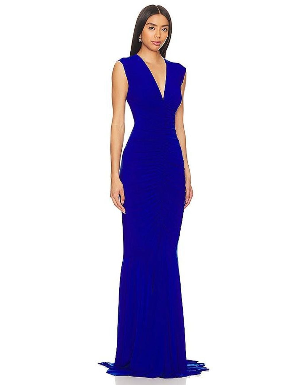 Norma Kamali Blue Sleeveless Deep V Neck Shirred Front Fishtail Gown