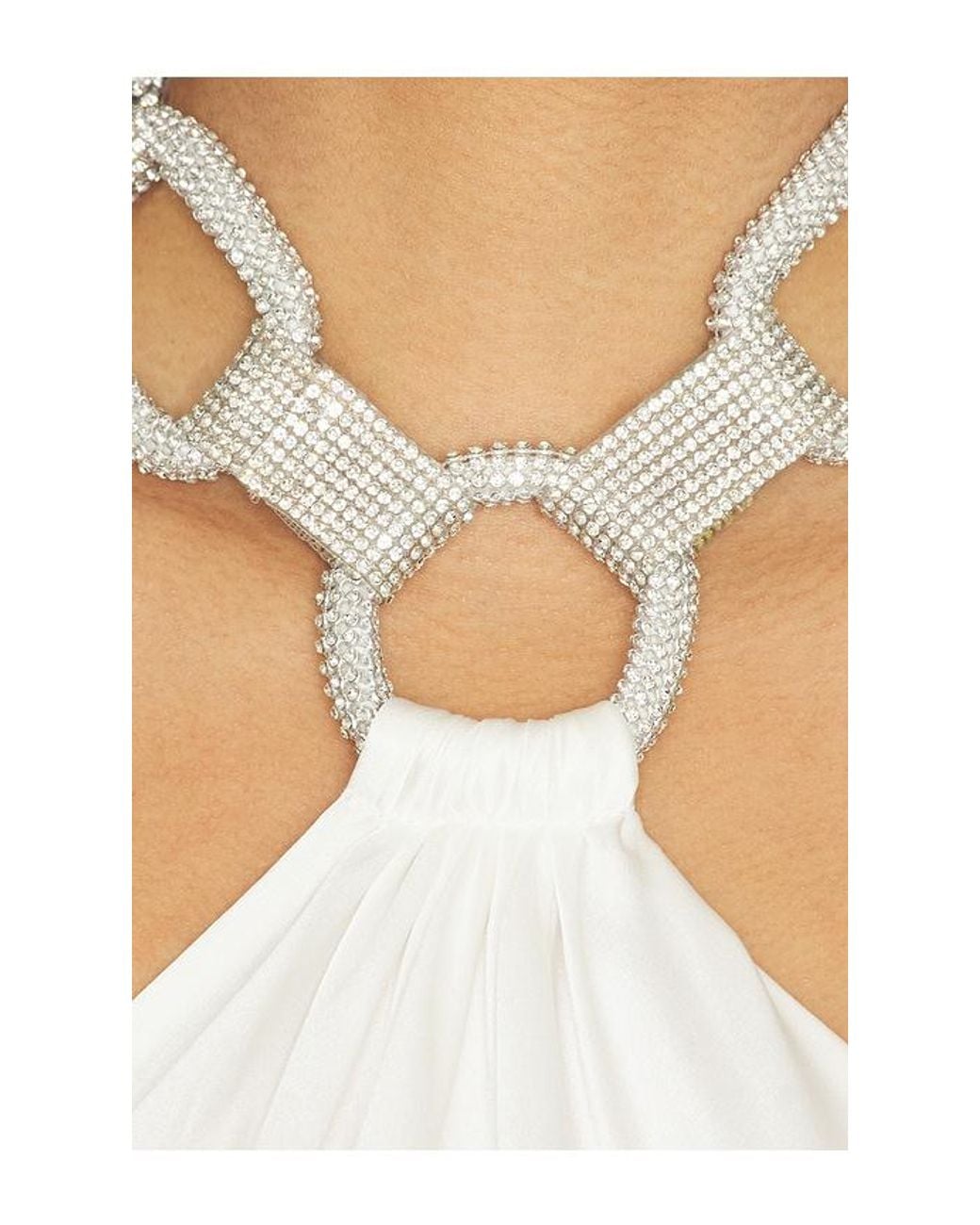 Bronx and Banco White Silky Halterneck Gown With Diamond Chain