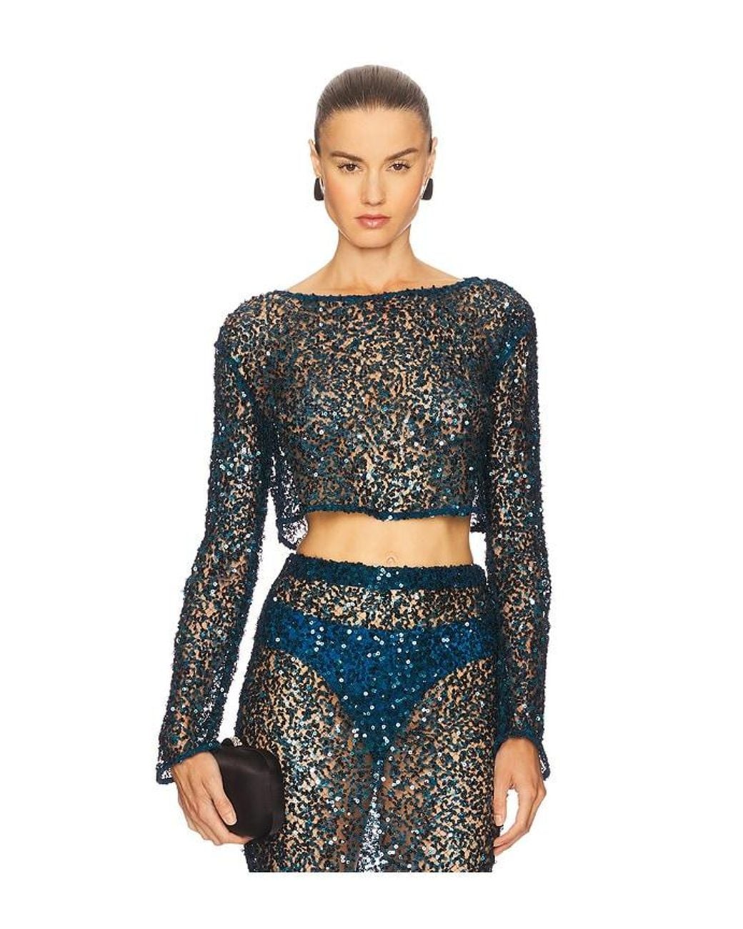 LAPOINTE Black Net Paillette Top