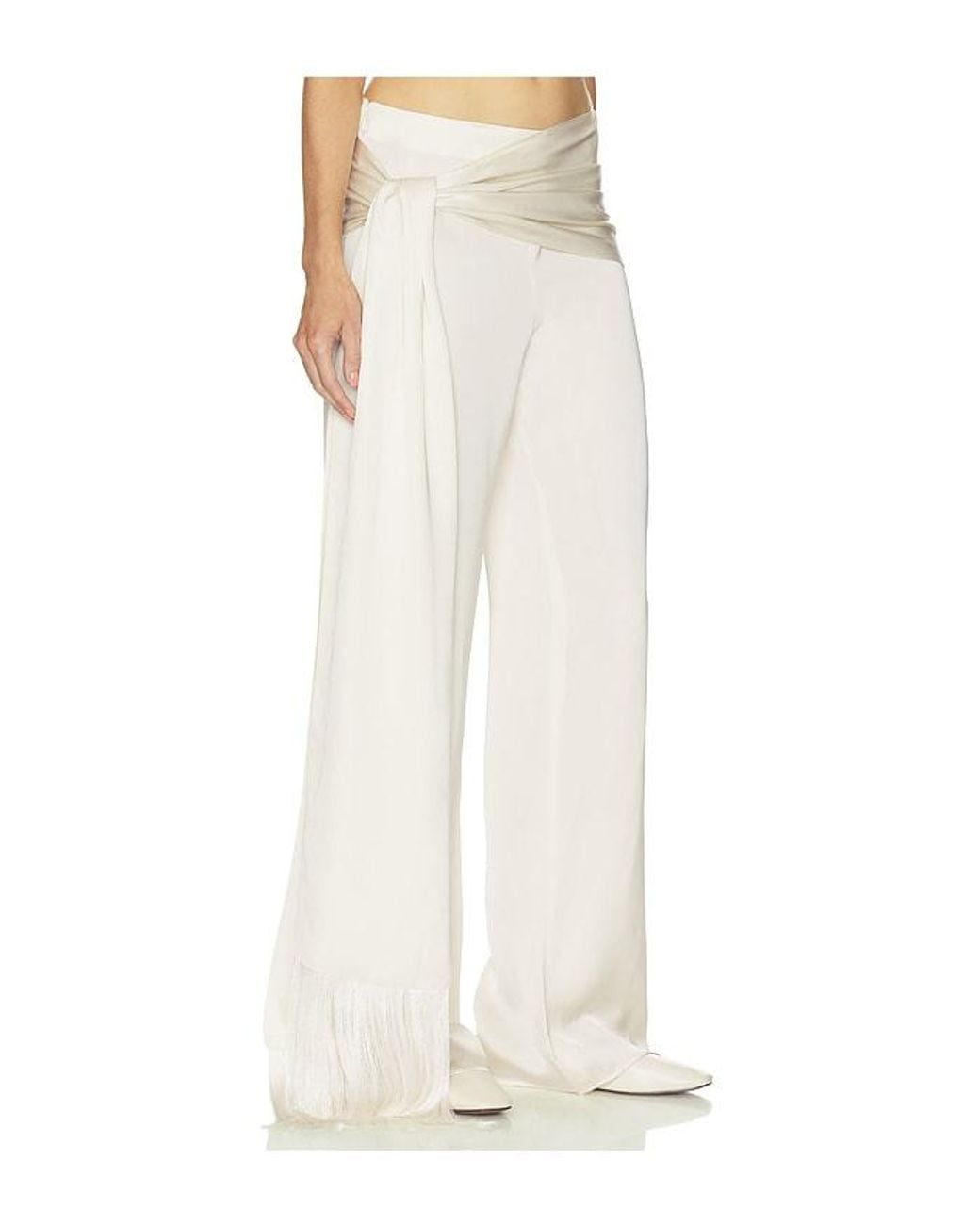 Helsa White Satin Pants With Tie And Fringe