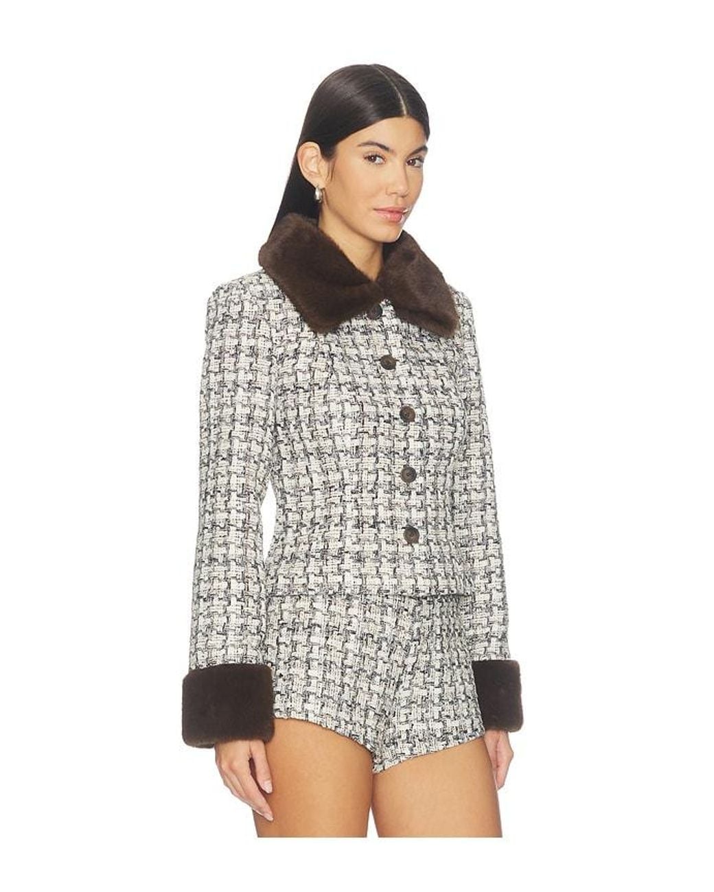 MAJORELLE White Ivette Faux Fur Trim Tweed Jacket