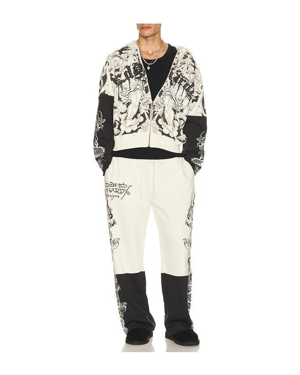 Ed Hardy White Japan Lion Rhinestone Hang Hoodie for men
