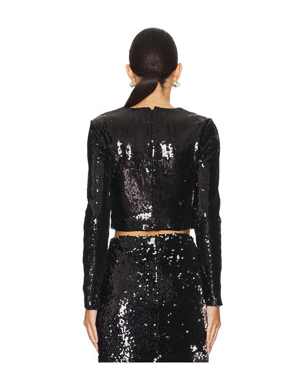 L'Agence Black Rogan Crop Sequin Long Sleeve Top