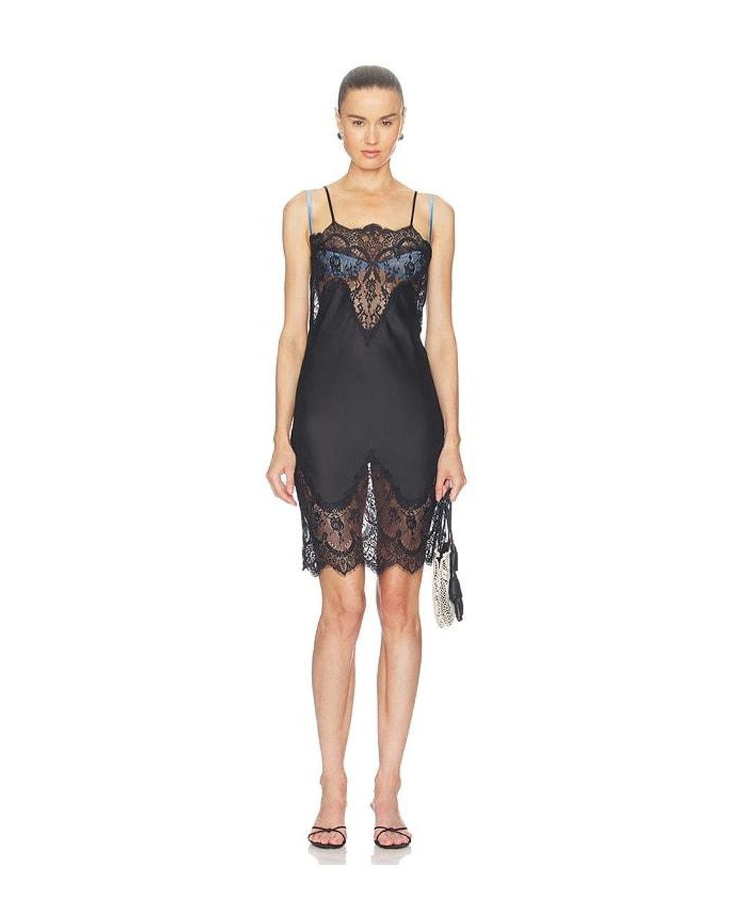 Norma Kamali Black Bias Slip Dress To Knee With Lace