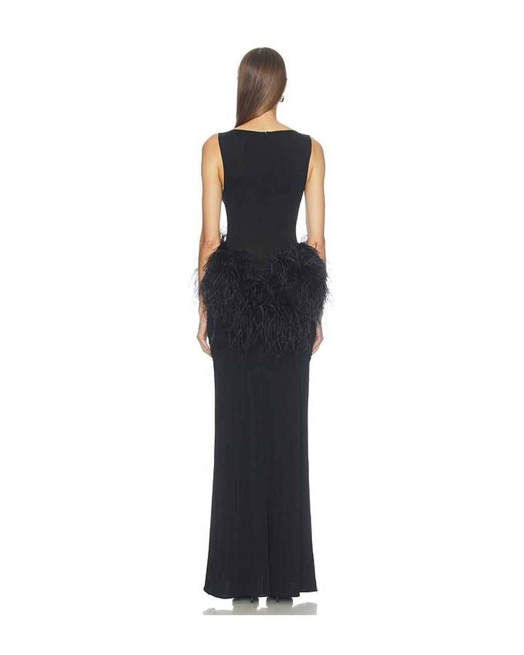 LAPOINTE Blue Jersey Long Sleeve Shirred Hip Gown With Feathers