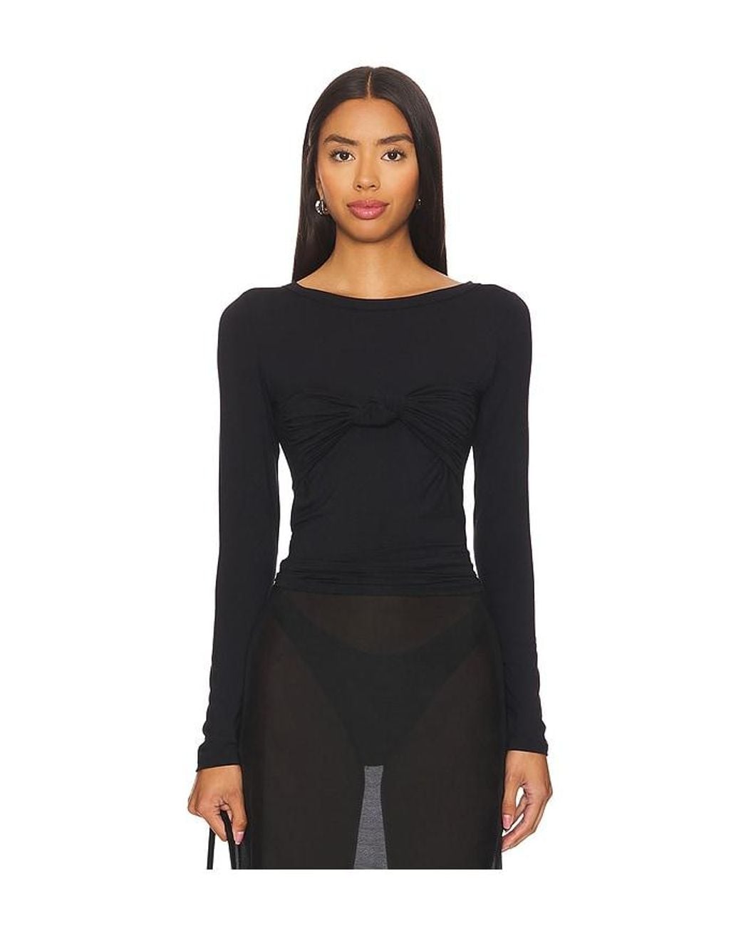 The Line By K Black Modal Blend Knotted Long Sleeve Top