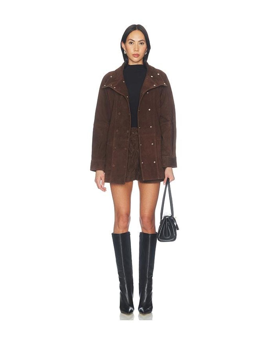 AEXAE Brown Lamb Leather Suede Cinched Mid Jacket