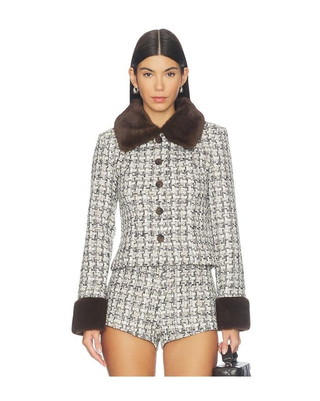 MAJORELLE White Ivette Faux Fur Trim Tweed Jacket