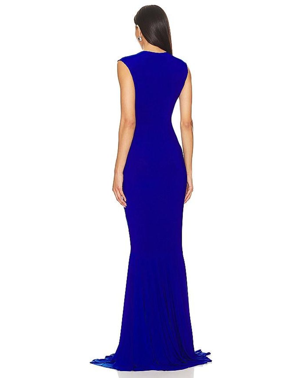 Norma Kamali Blue Sleeveless Deep V Neck Shirred Front Fishtail Gown