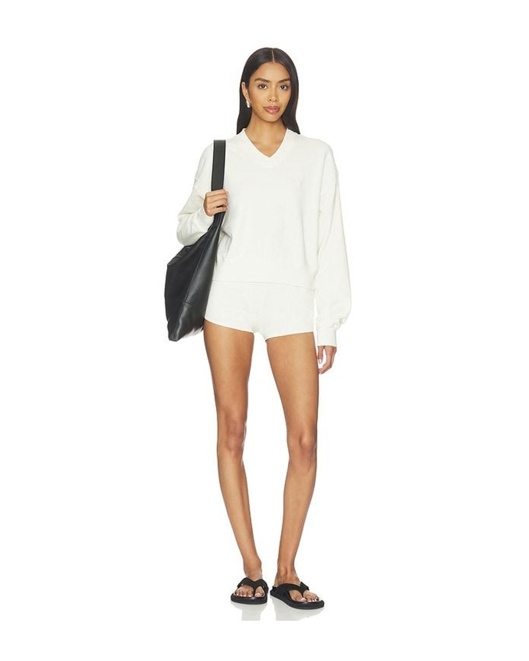 ÉTERNE White Lightweight French Terry Cropped V-Neck Sweatshirt