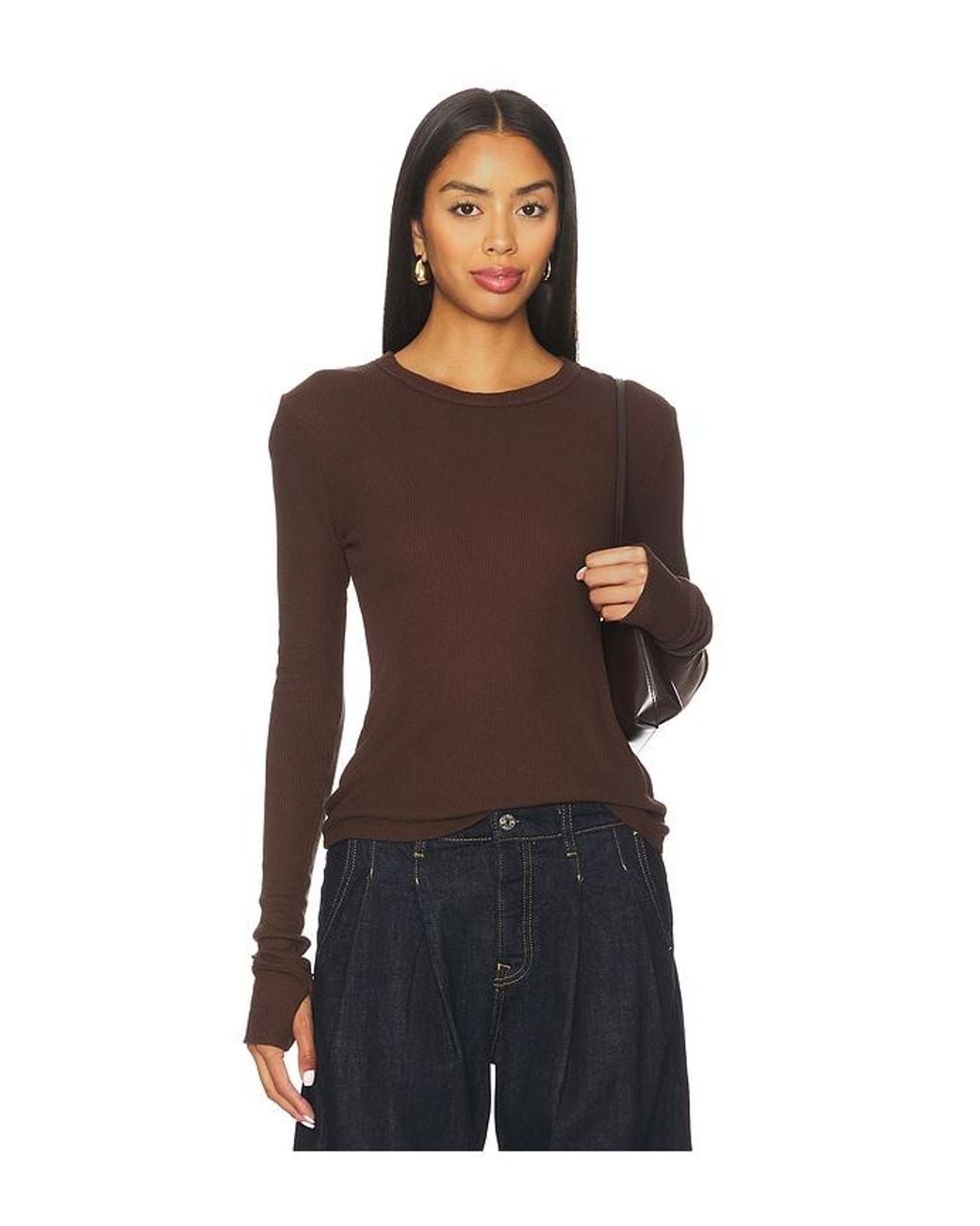 Michael Lauren Brown Axl Long Sleeve Crop Fitted Top