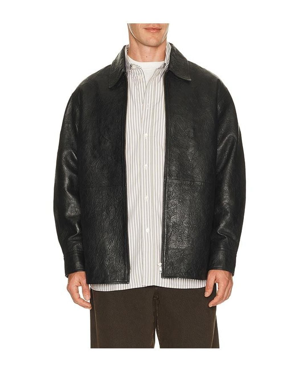 sunflower Black Crinkle Leather Shirt Jacket for men