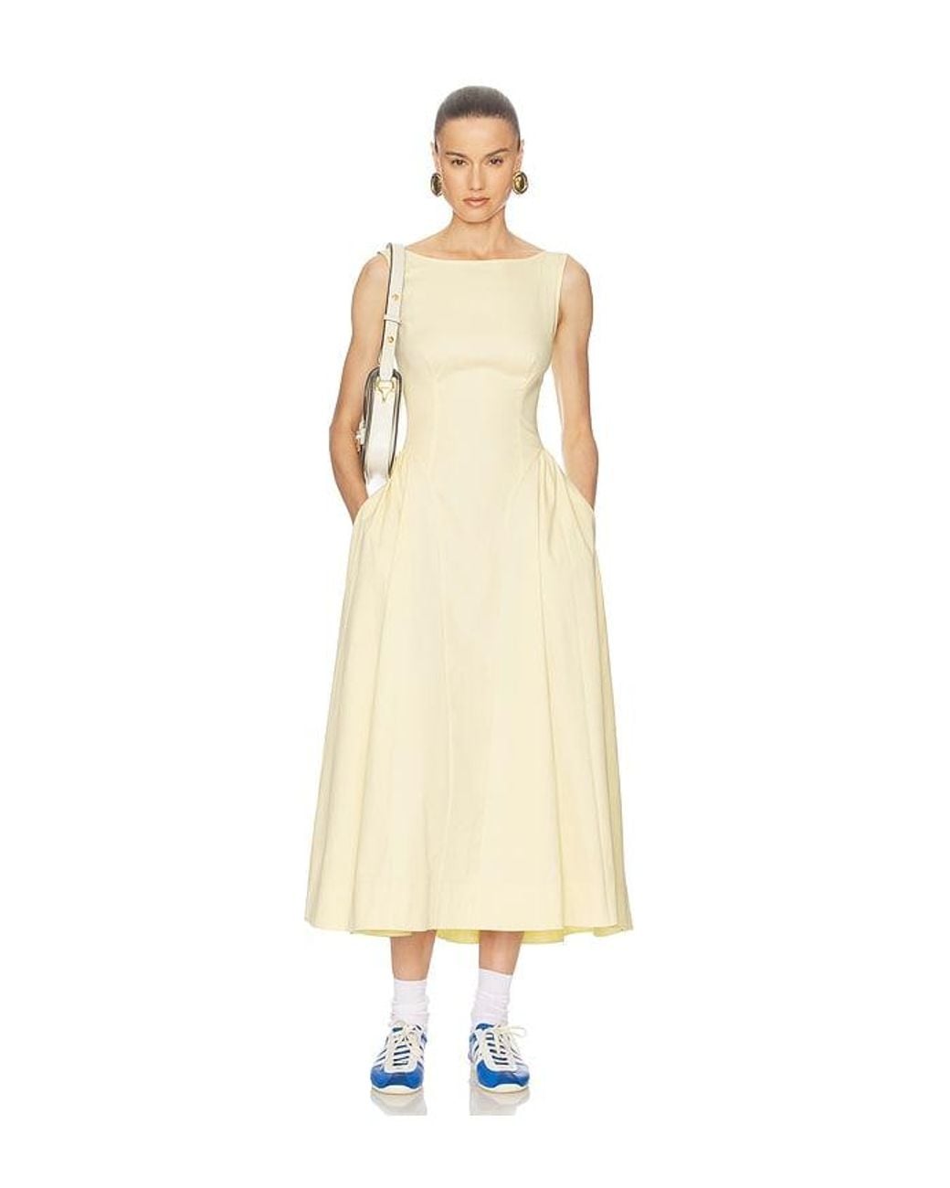 Helsa White Stretch Cotton Sateen Midi Dress