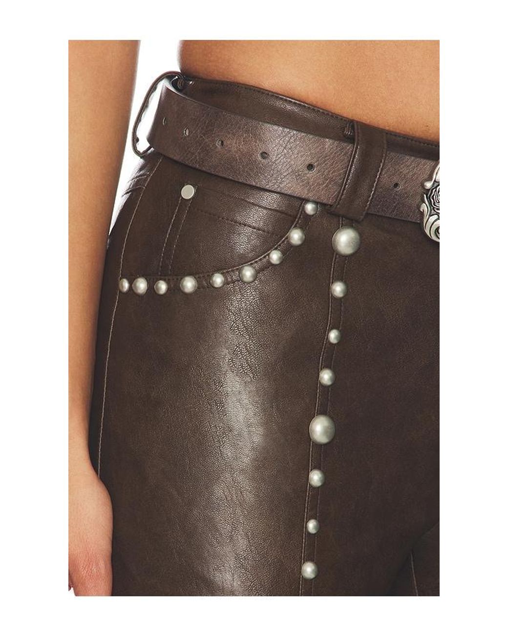 Markgong Brown Faux Leather Studded Flared Pant