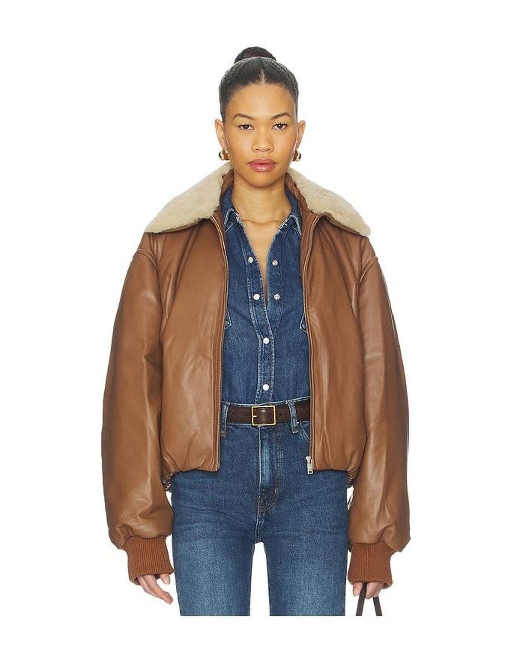 AEXAE Blue Leather Bomber Jacket