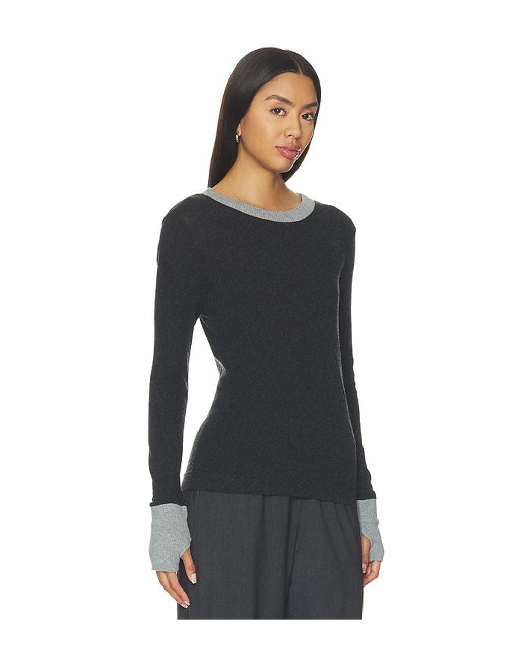 Enza Costa Black Cashmere Jersey Contrast Easy Cuffed Crew