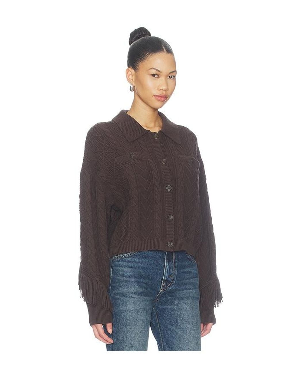Central Park West Blue Phoebe Cable Fringe Sweater Cardigan