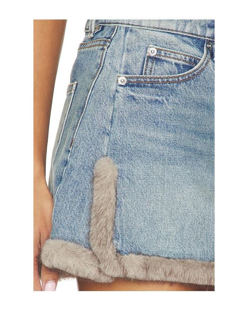 Alexander Wang Blue Denim Mini Skirt With Faux Mink Trim