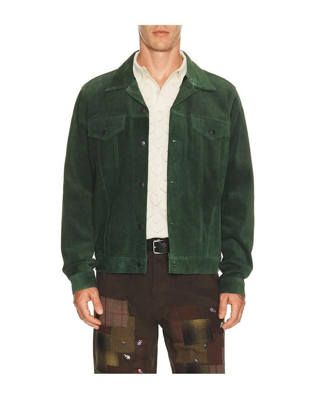 vowels Green Suede Trucker Jacket for men