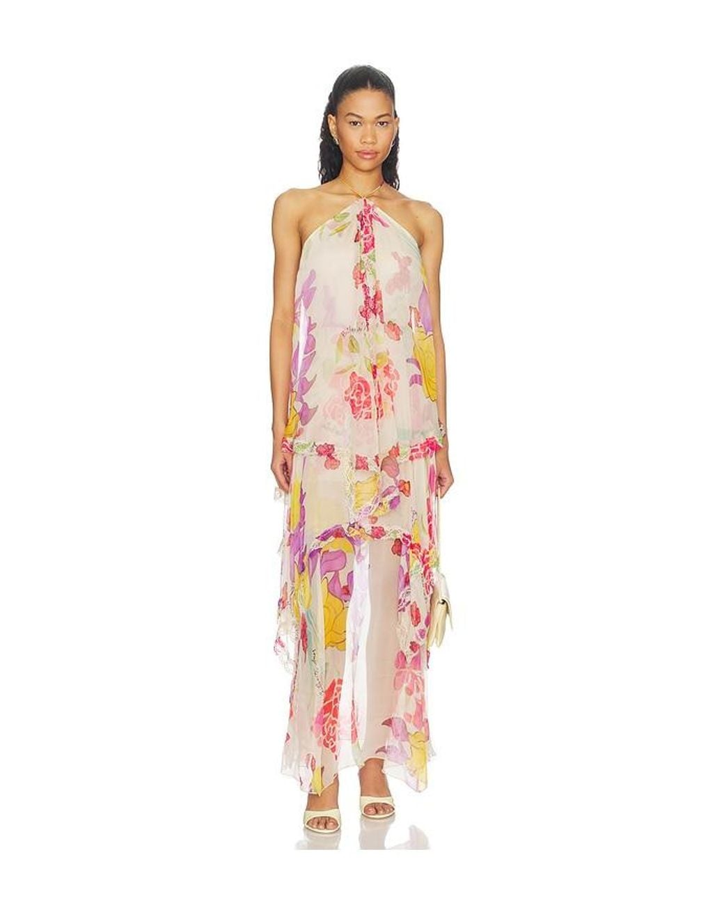 Donde Esteban White Flores Silk Chiffon Long Halter Dress
