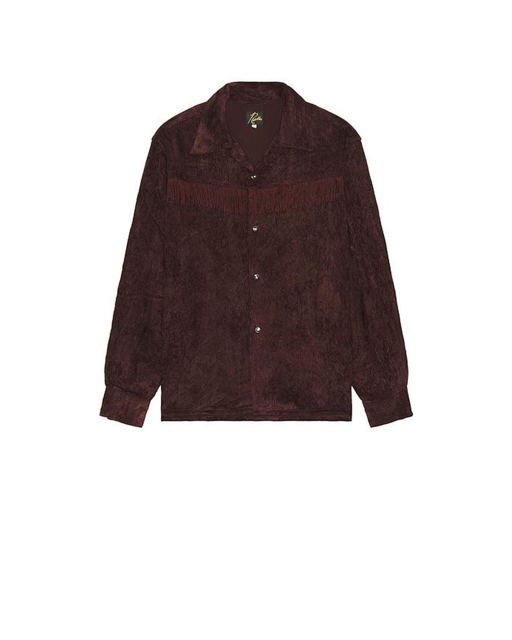 Needles Brown Fringe Open Collar Shirt Rayon Corduroy for men