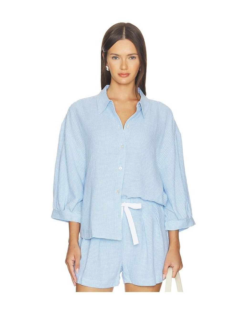 Eberjey Blue Linen Blend Relaxed Sleeve Top