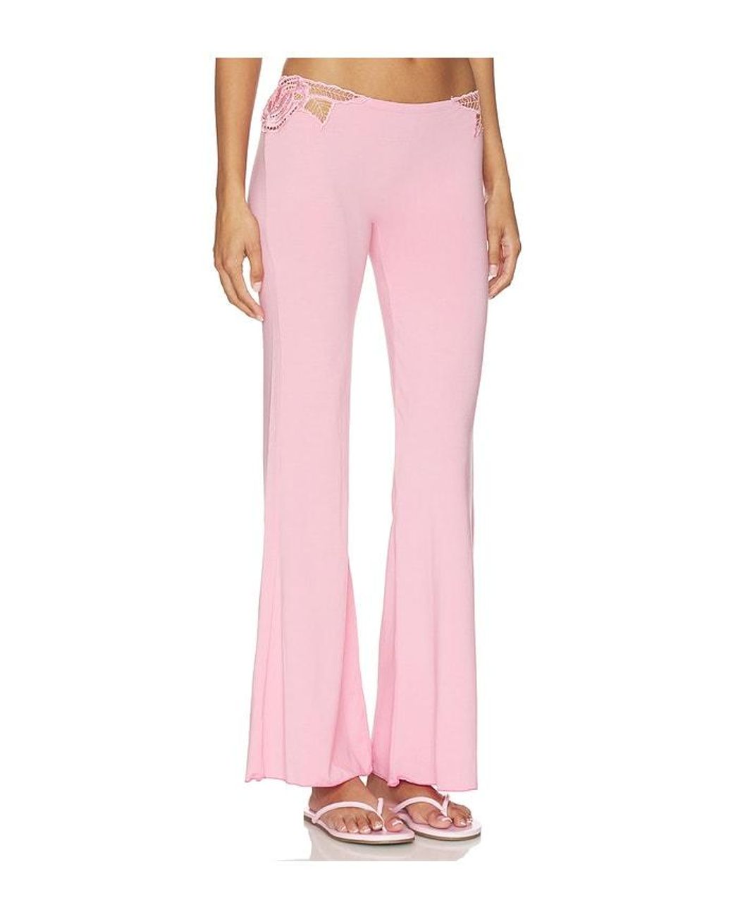Indah Pink Valentina Solid Low Rise Long Pant With Embroidered Rose Kerawang Detail