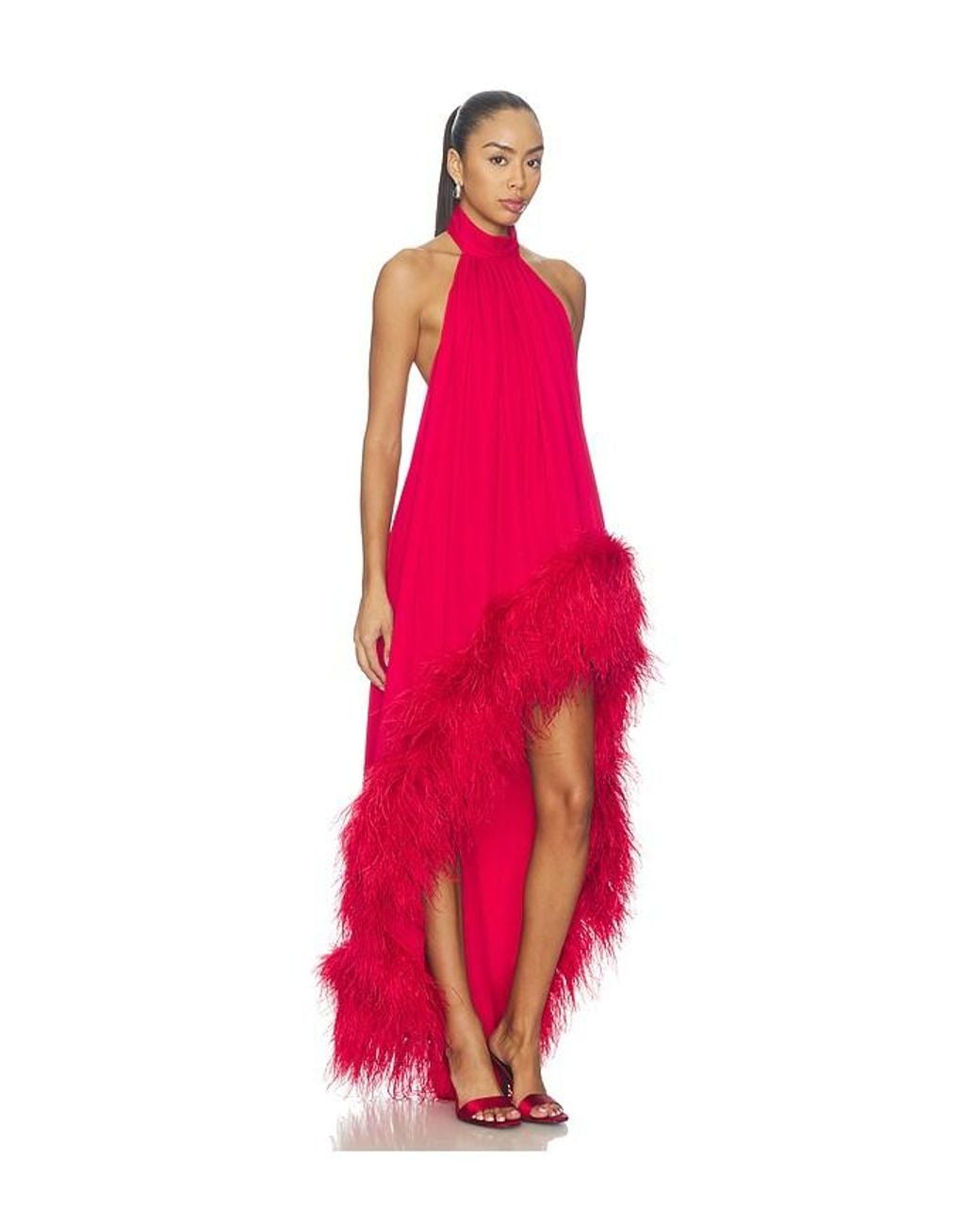 Bronx and Banco Red Halter Neck Feather Gown