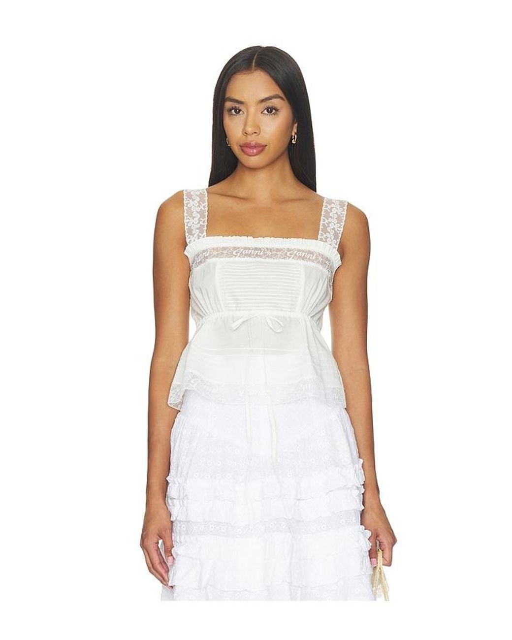 Ganni White Cotton Voile Lace Slip Top