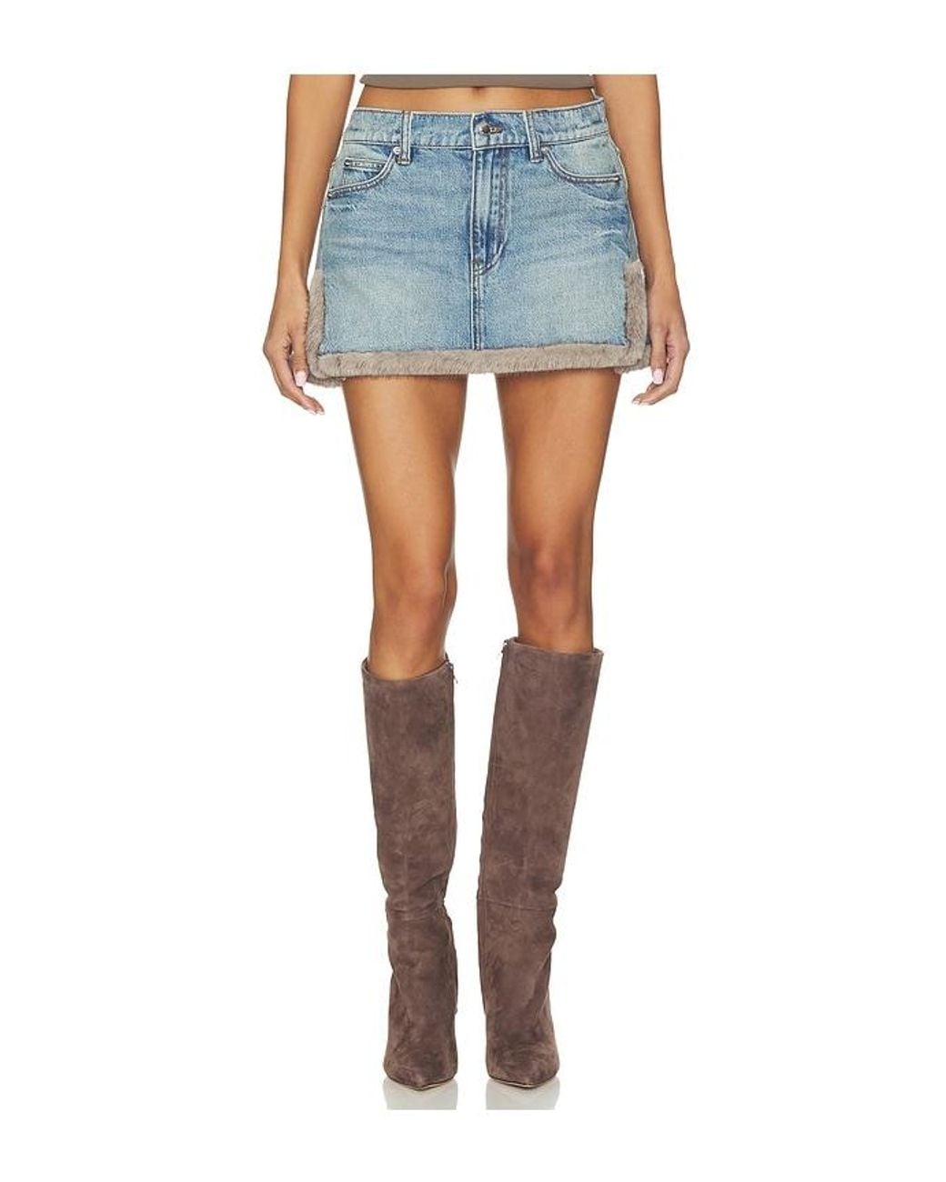 Alexander Wang Blue Denim Mini Skirt With Faux Mink Trim