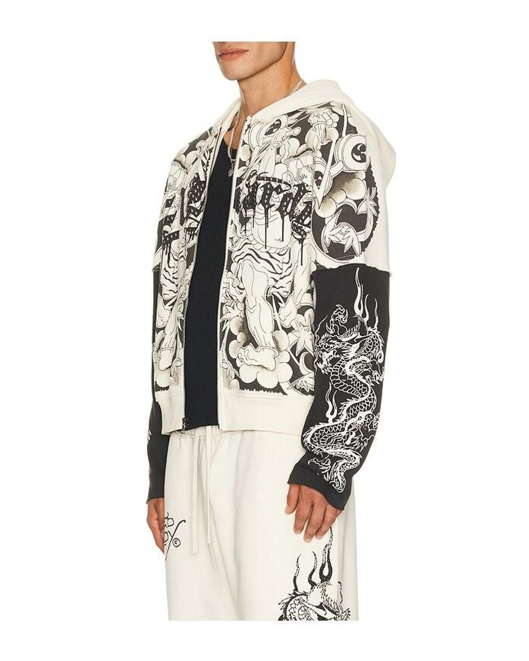 Ed Hardy White Japan Lion Rhinestone Hang Hoodie for men