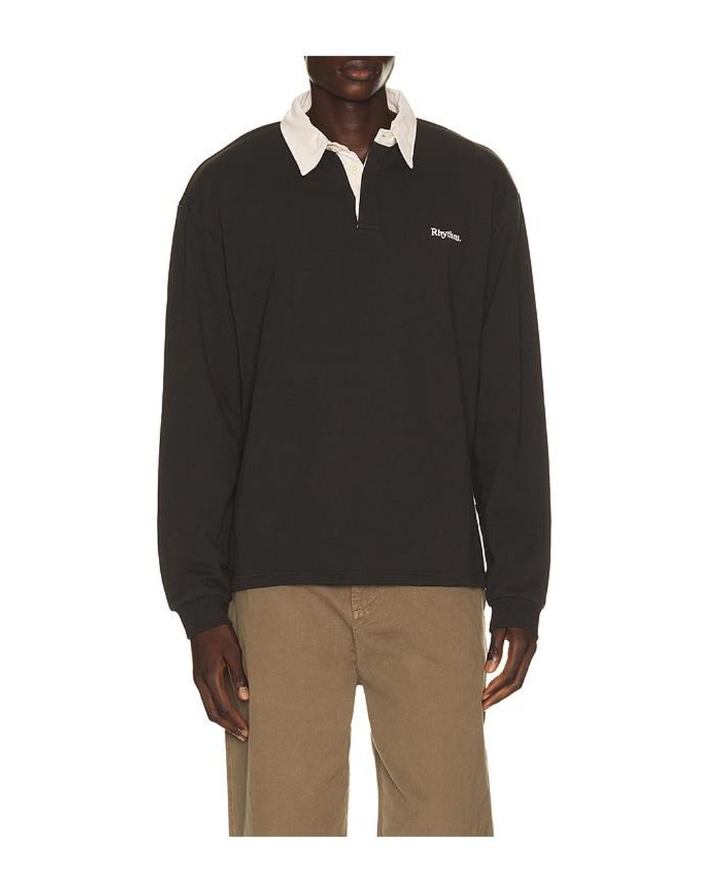 Rhythm Black Koa Vintage Rugby Long Sleeve Polo for men