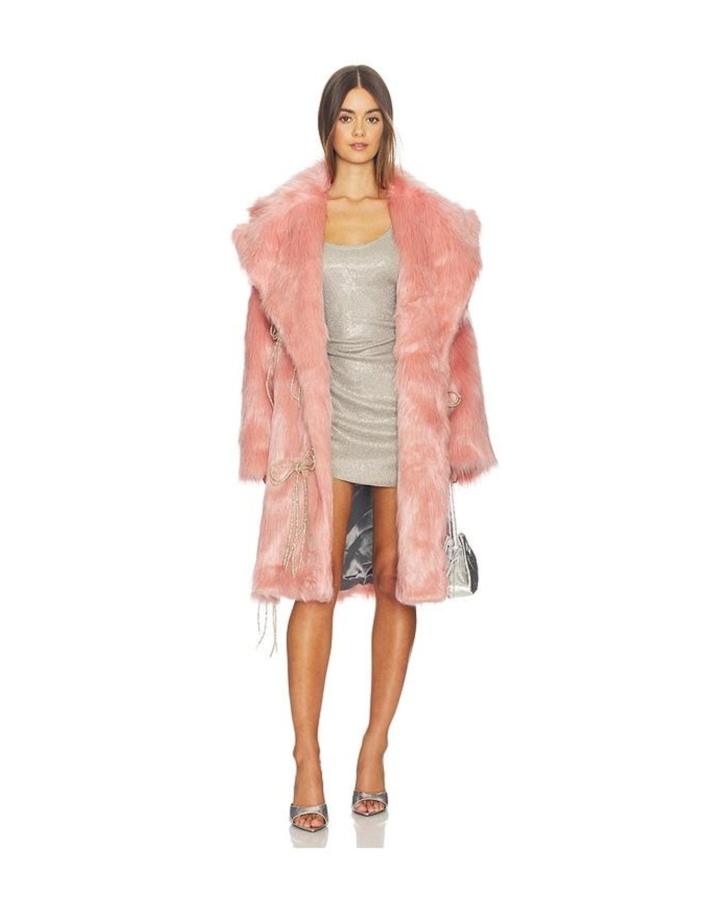 Milkwhite Pink Faux Fur Coat With Faux Pearls