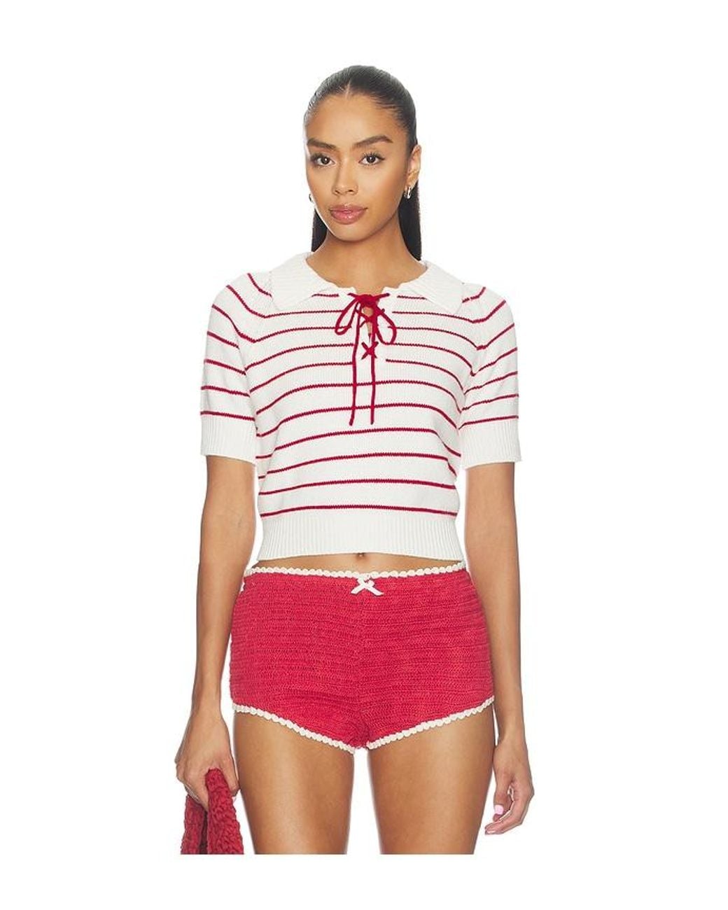 For Love & Lemons Red Betsy Striped Polo Tee
