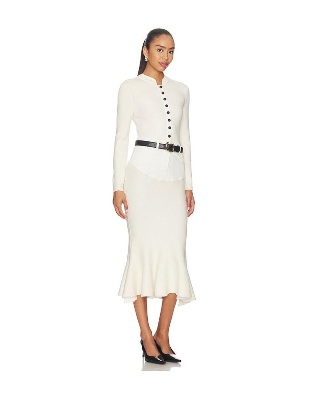 Self-Portrait White Knit Denim Insert Midi Dress