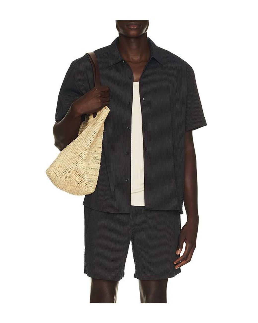 Percival Black Rowan Seersucker Boxy Shirt for men