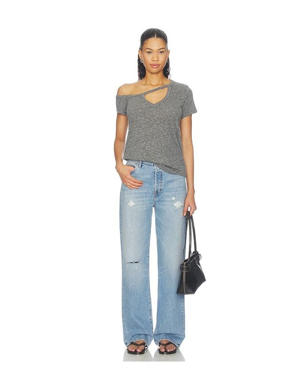 Michael Lauren Blue Zire Aysmmetrical Cold Shoulder V-Neck Keyhole Tee