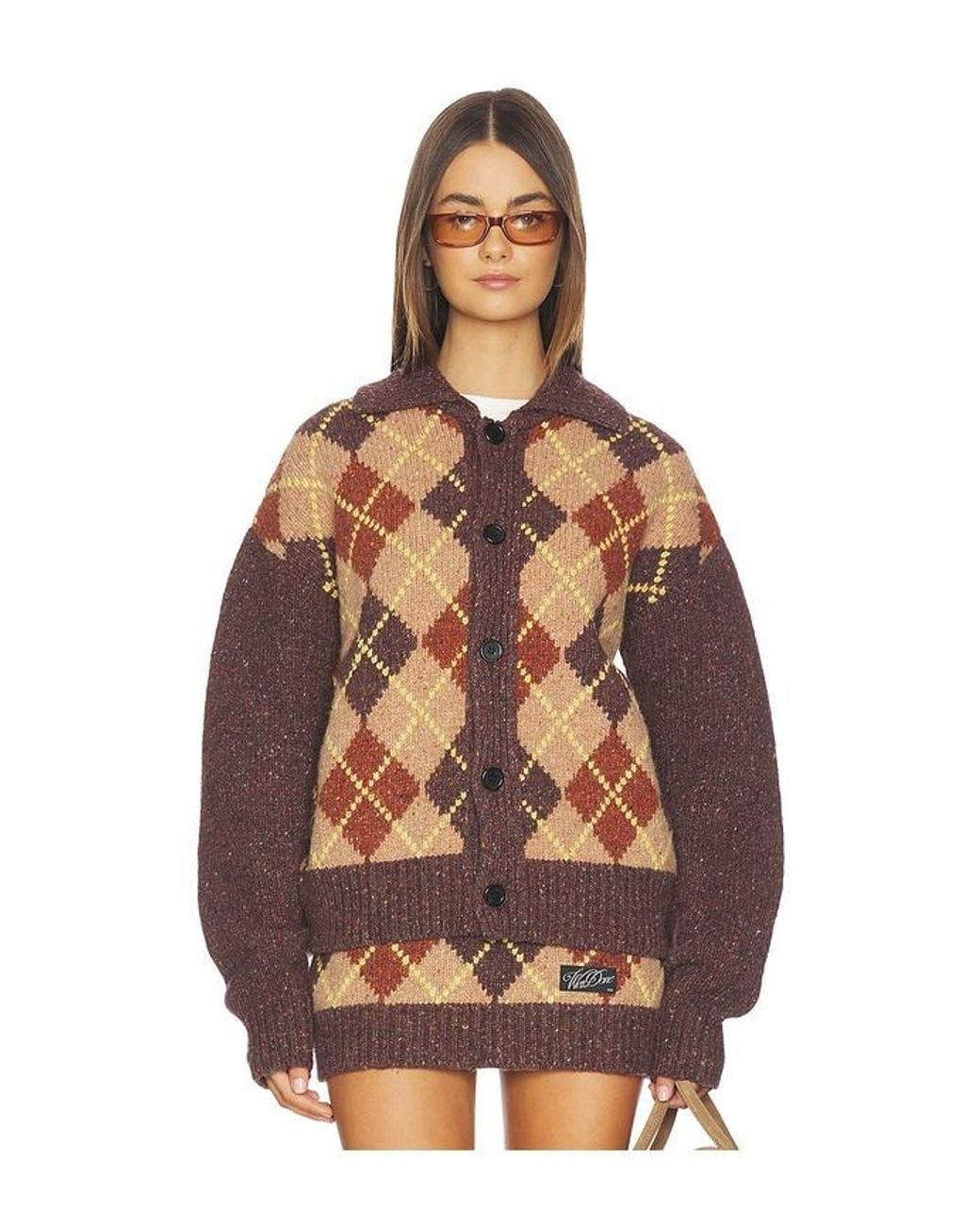 we11done Brown Knit Argyle Intarsia Cardigan