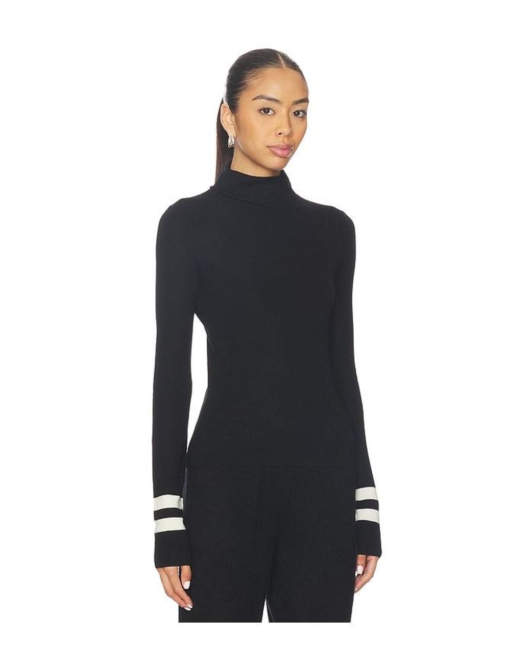 White + Warren Black Superfine Merino Striped Fitted Turtleneck
