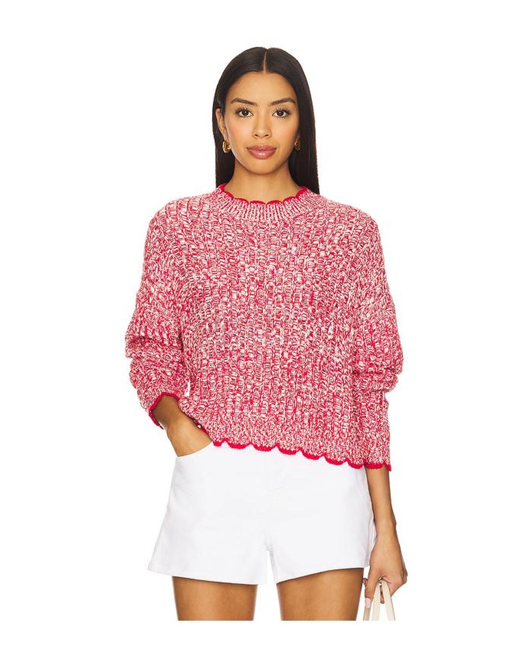 Autumn Cashmere Red Rundhalsoberteil Mit Leitermuster Und Kontrastabschlüssen