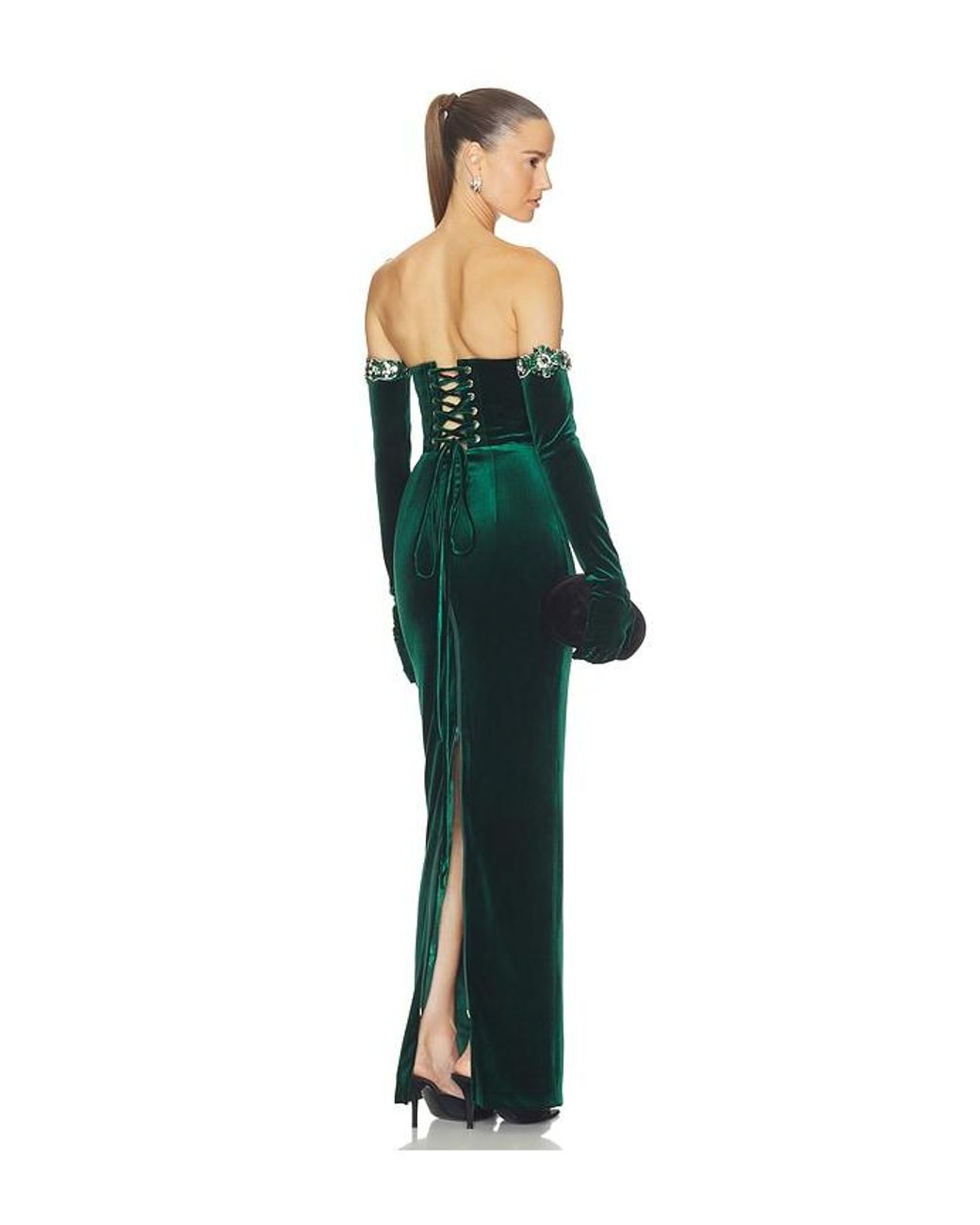 Bronx and Banco Green Velvet Strapless Maxi Dress With Gloves