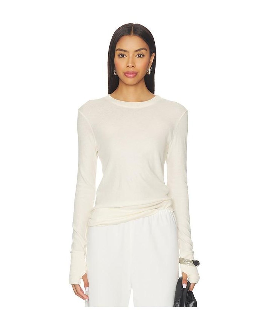 Enza Costa White Cashmere Easy Cuffed Crew Top