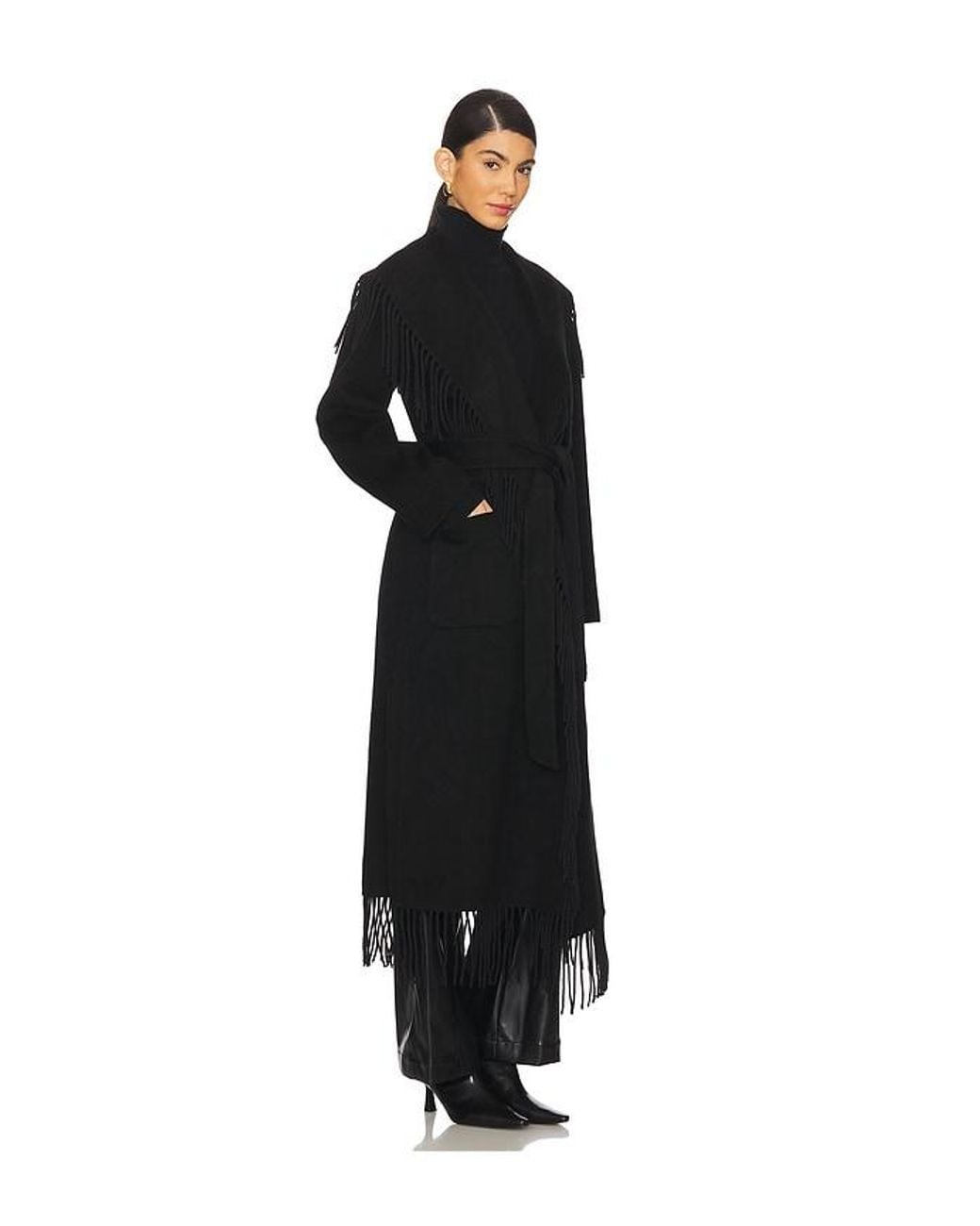 Jonathan Simkhai Black Wool Polyester Fringe Robe Coat