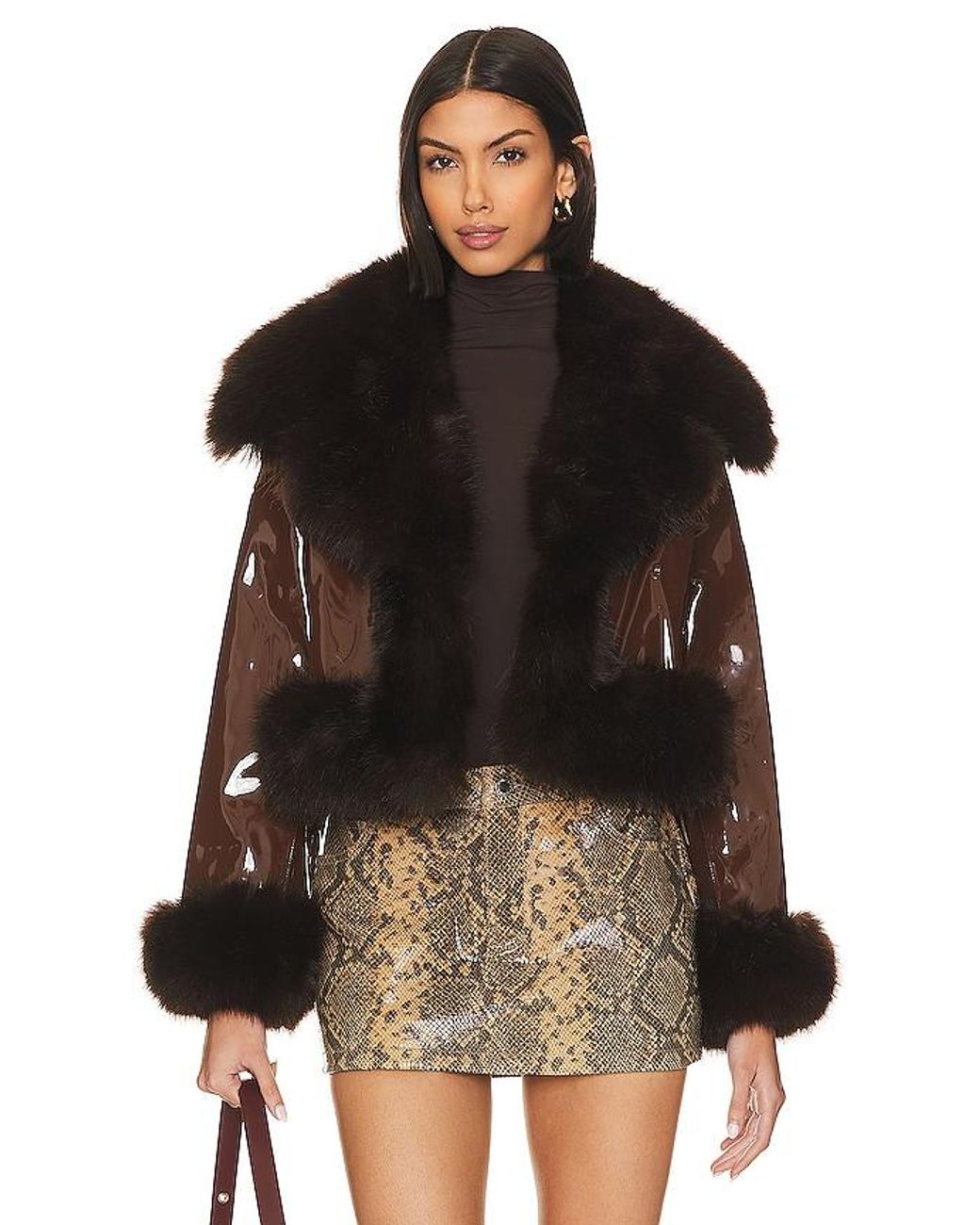 Adrienne Landau Black Faux Leather & Fur Jacket