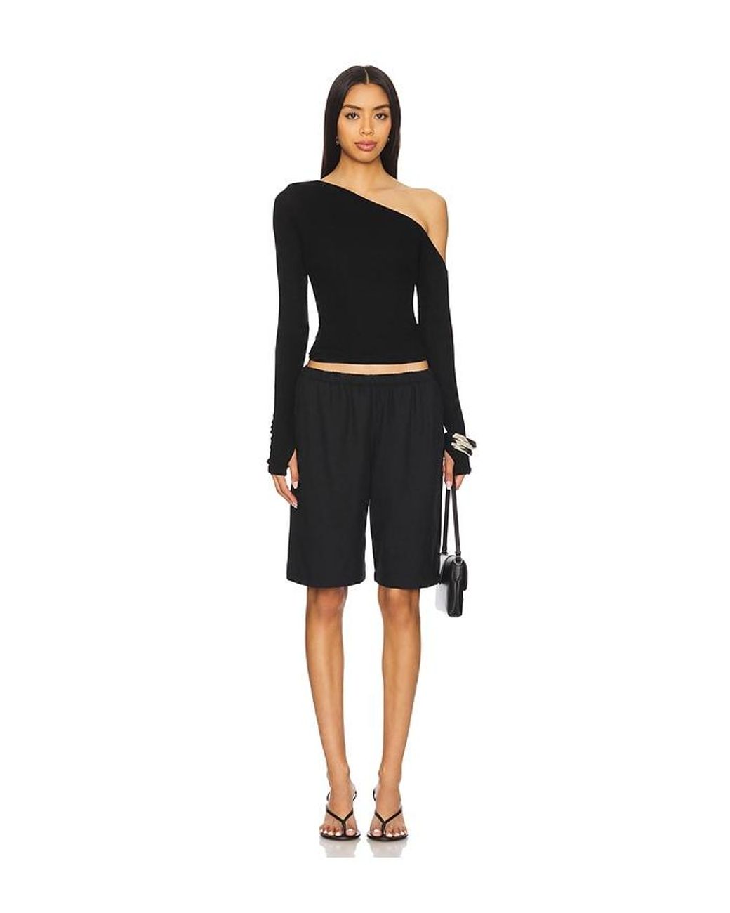 Michael Lauren Black Magdaleno Long Sleeve Asymmetrical Fitted Cold Shoulder Top