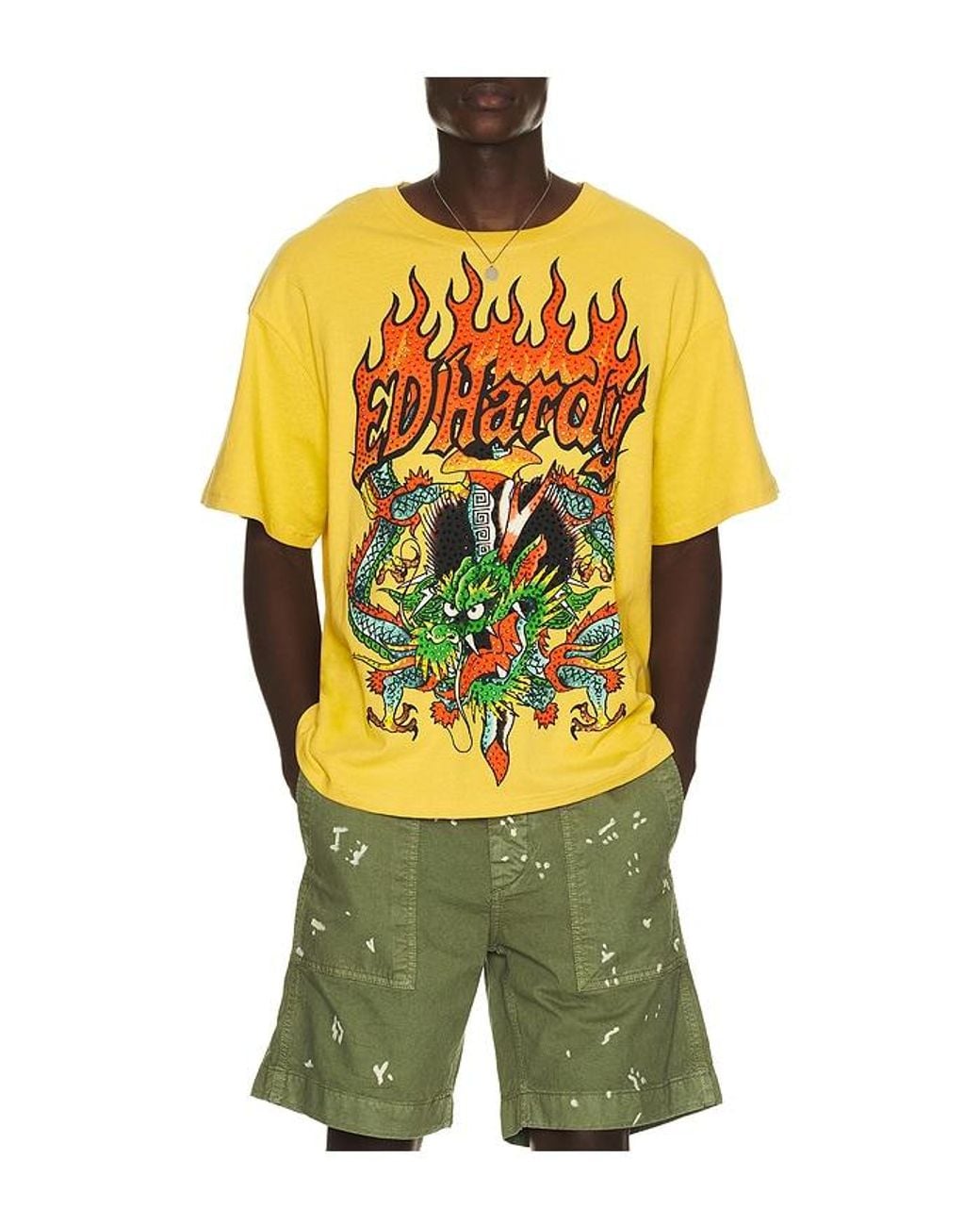 Ed Hardy Yellow Dragons Boxy Rhinestone Tee for men