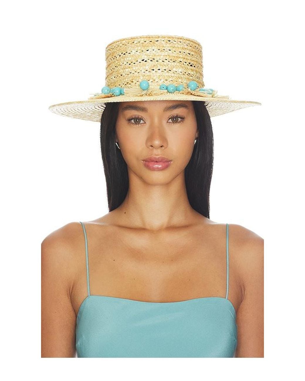 Lele Sadoughi Blue Poms Straw Hat