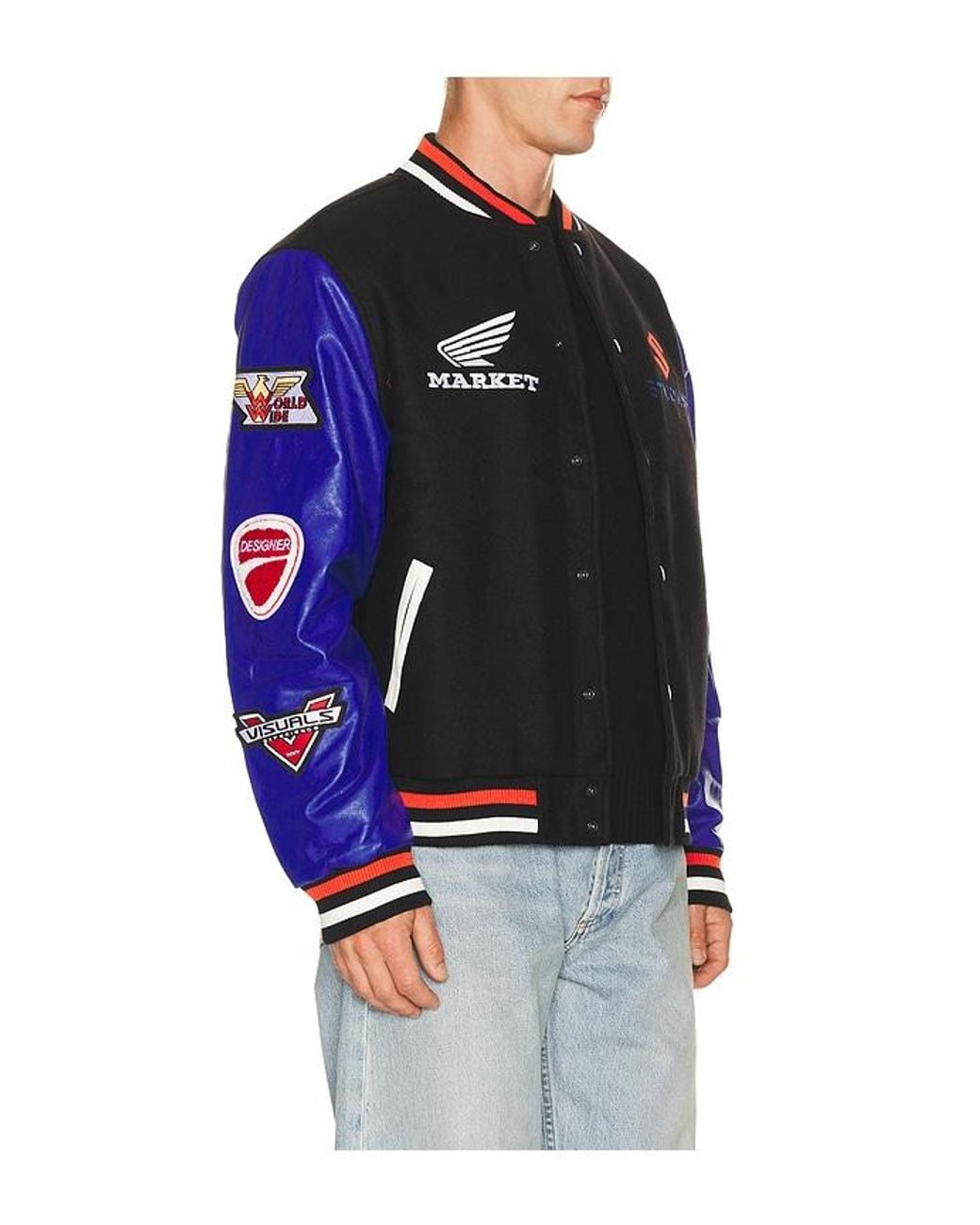 Market Blue Sponsorship Varsity Jacket for men