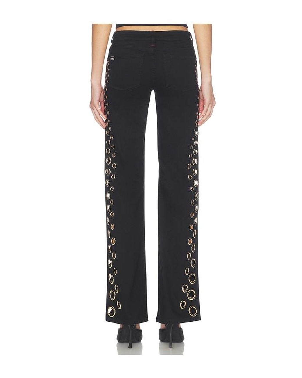 Alice + Olivia Black Roxie Low Rise Straight Flare Full Length Jean With Grommets